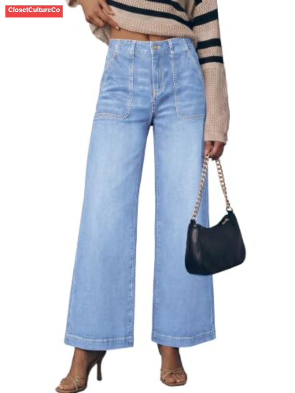 Wide Leg High Waisted Baggy Denim Jeans Cotton Blend Stretch